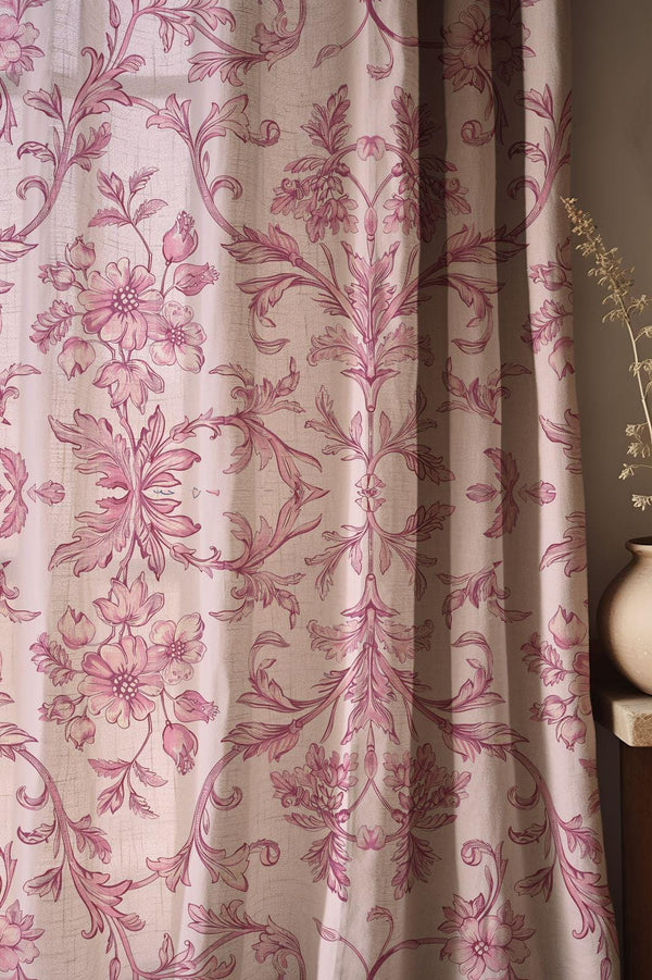 Pink Vintage Floral Linen Curtain – Elegant Botanical Pattern Linen Drape