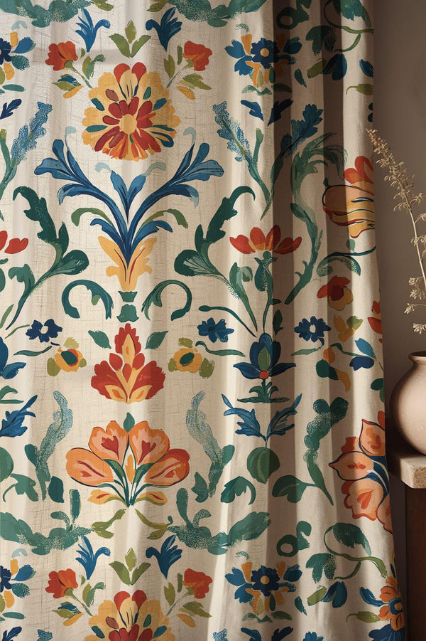Colorful Floral Linen Curtain – Vintage Style Pattern Linen Drape