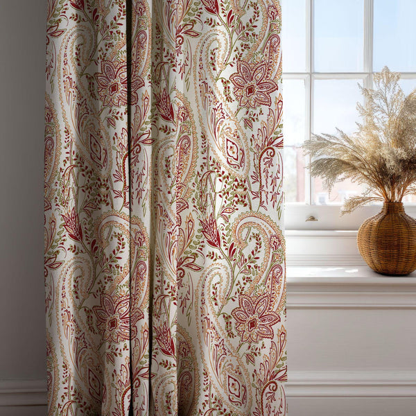 Paisley Floral Linen Curtain – Red Gold Green Linen Drape
