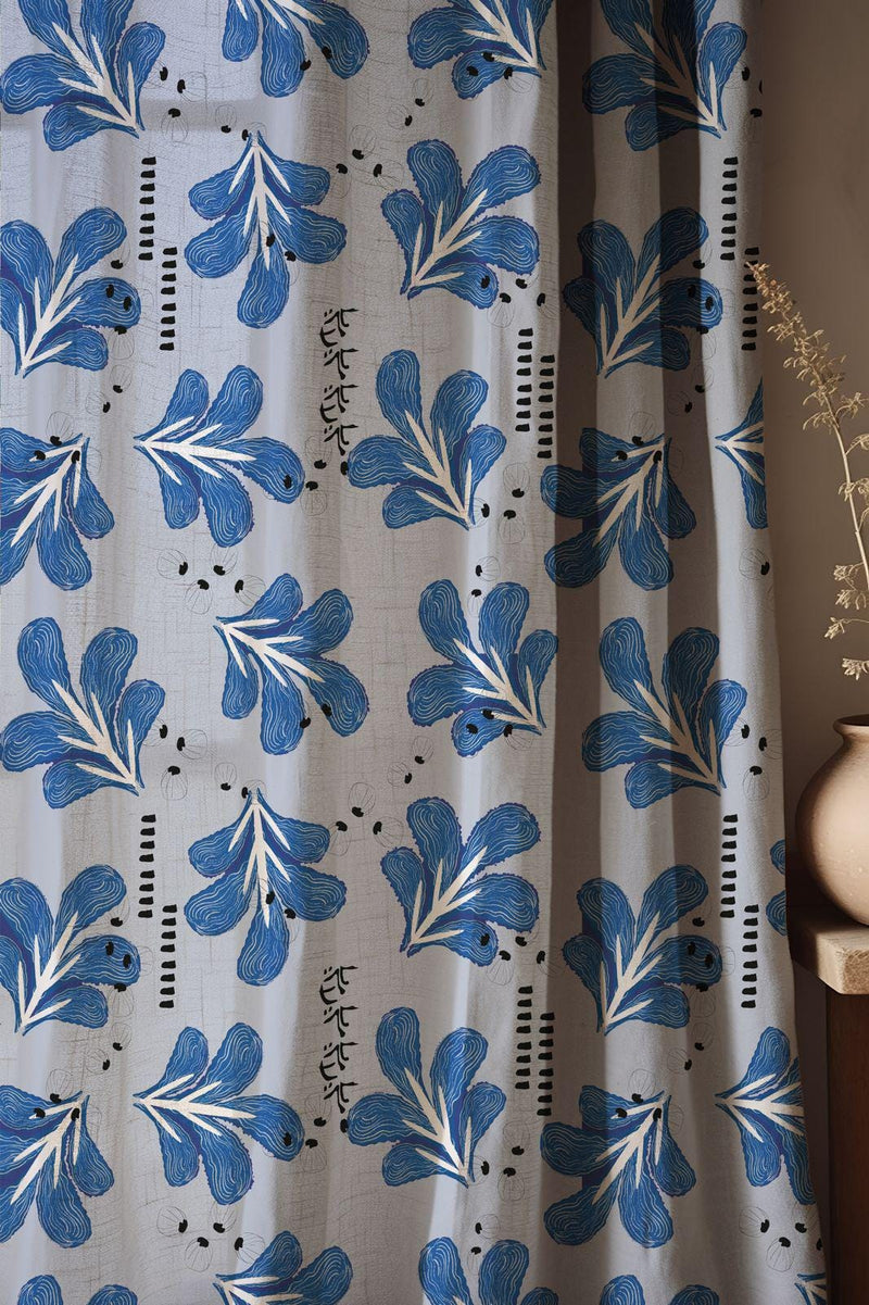 Blue Leaf Linen Curtain – Modern Floral Pattern Linen Drape