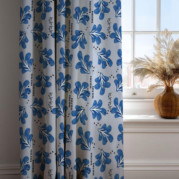 Blue Leaf Linen Curtain – Modern Floral Pattern Linen Drape