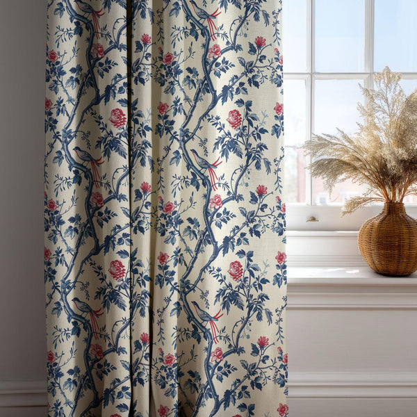 Chinoiserie Linen Curtain – Blue Red Floral Pattern Linen Drape