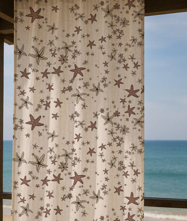 Starfish Themed Linen Curtain – Beige Brown Nautical Pattern Linen Drape