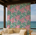 Tropical Floral Linen Curtain – Pink Hibiscus & Green Monstera Pattern Linen Drape - Image 2