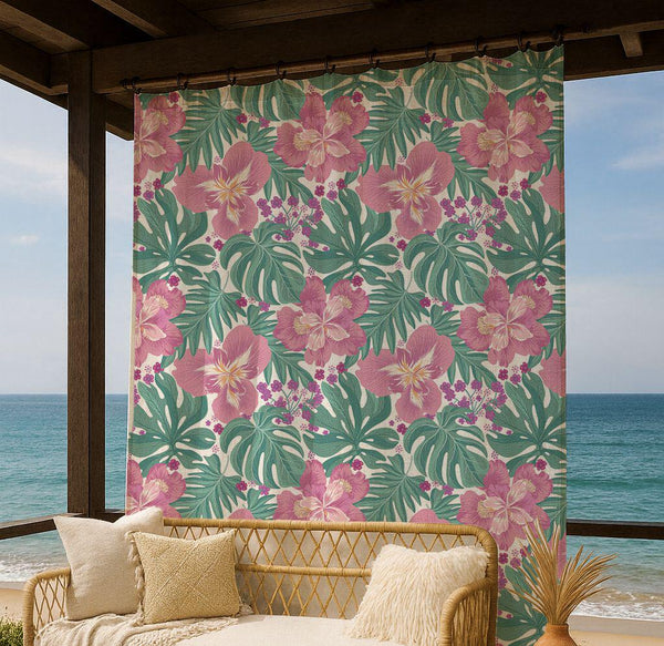 Tropical Floral Linen Curtain – Pink Hibiscus & Green Monstera Pattern Linen Drape