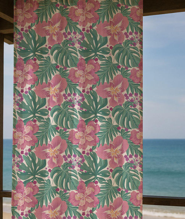 Tropical Floral Linen Curtain – Pink Hibiscus & Green Monstera Pattern Linen Drape