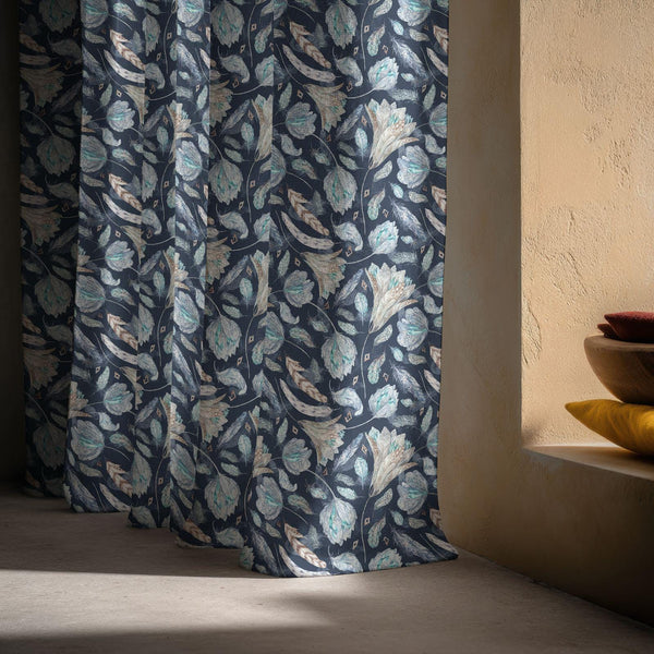 Botanical Feather Floral Linen Curtain – Teal & Beige Hand-Drawn Print Drape