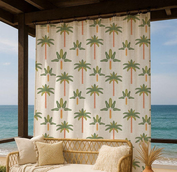 Tropical Palm Linen Curtain – Green Orange Linen Drape