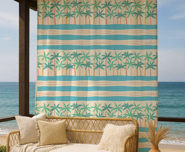Palm Tree Linen Curtain – Teal Beige Tropical Linen Drape