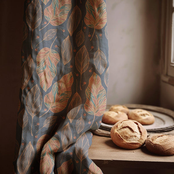 Modern Botanical Leaf Linen Curtain – Teal & Blush Line Art Linen Drape