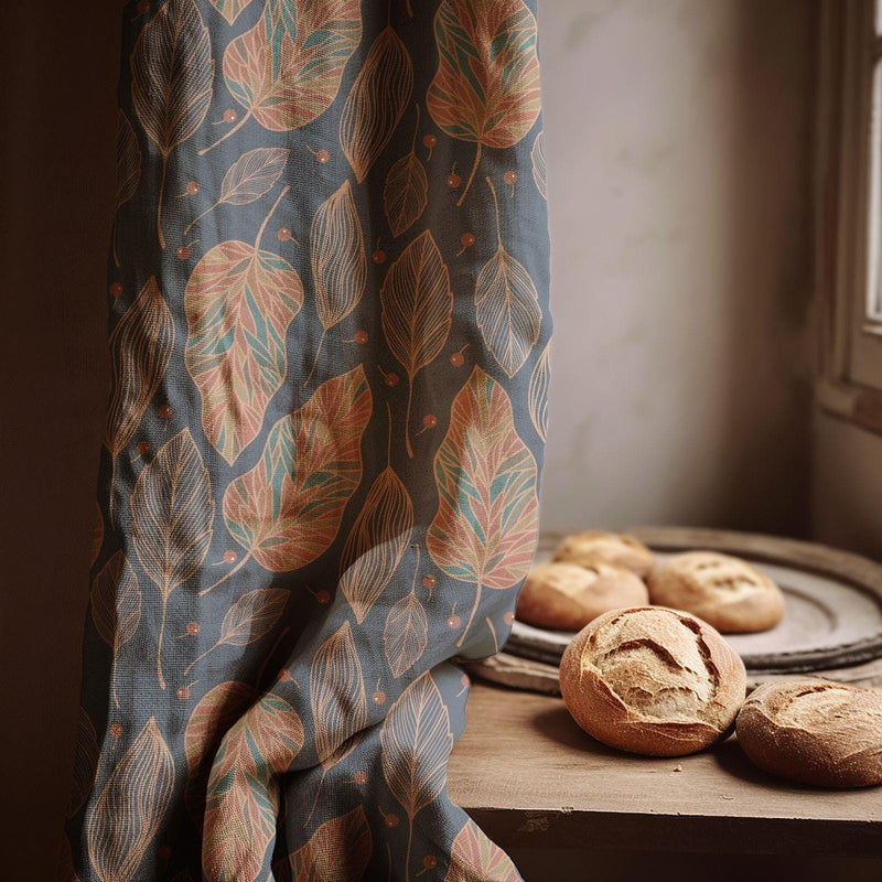 Modern Botanical Leaf Linen Curtain – Teal & Blush Line Art Linen Drape