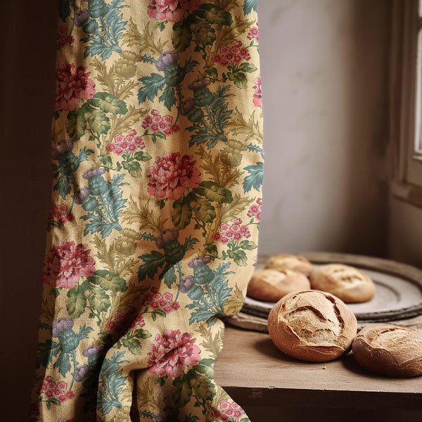 Vintage Botanical Floral Linen Curtain – Pink Peony & Thistle Linen Drape