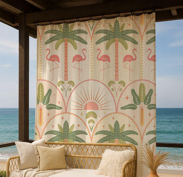 Flamingo Palm Linen Curtain – Tropical Retro Pattern Linen Drape