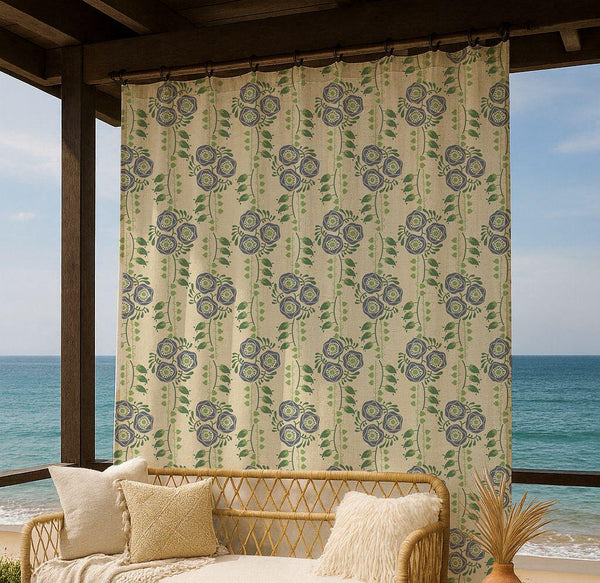 Vintage Floral Linen Curtain – Blue Green Cluster Linen Drape