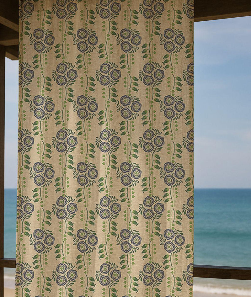 Vintage Floral Linen Curtain – Blue Green Cluster Linen Drape