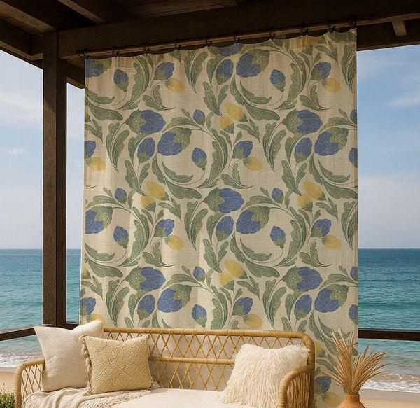 Floral Swirl Linen Curtain – Blue Yellow Green Pattern Linen Drape