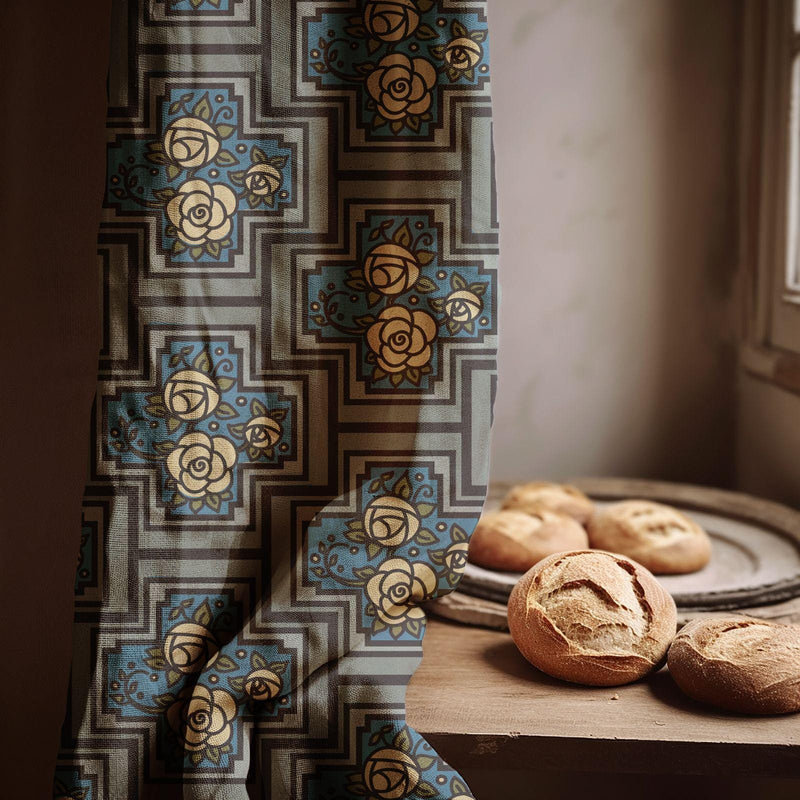 Geometric Floral Block Linen Curtain – Blue & Beige Art Deco Linen Drape