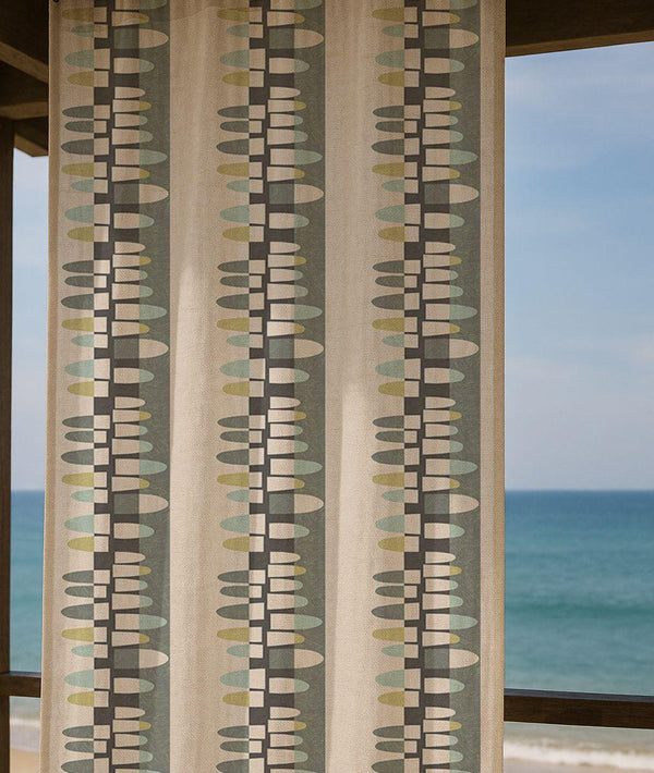 Mid-Century Geometric Linen Curtain – Teal Olive Grey Pattern Linen Drape