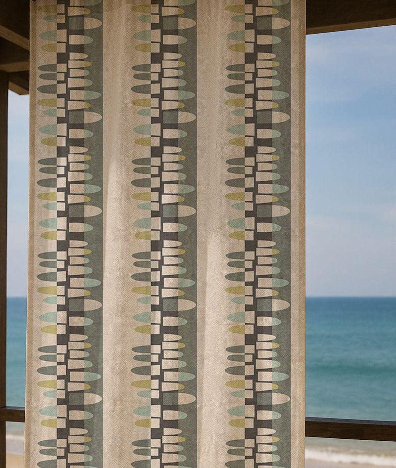 Mid-Century Geometric Linen Curtain – Teal Olive Grey Pattern Linen Drape