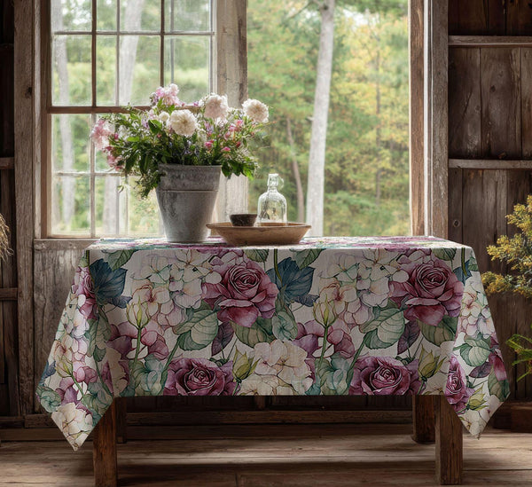 Floral-Rose-Hydrangea Linen Tablecloth: Linen Fabric, With Roses & Hydrangeas Pattern