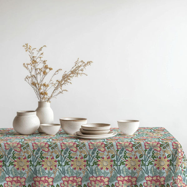 Vintage Botanical Floral Tablecloth: Yellow & Pink Garden Print, Cotton-Linen Blend
