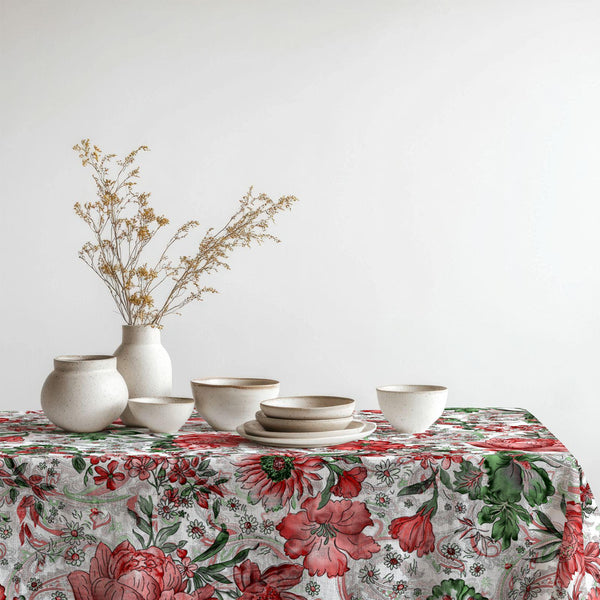 Vintage Botanical Floral Linen Tablecloth: Red Garden Flower Print, Cotton-Linen Blend