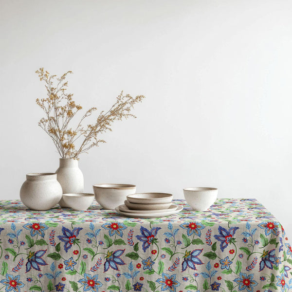 Green Botanical Floral Linen Tablecloth: Watercolor Garden Print, Cotton-Linen Blend