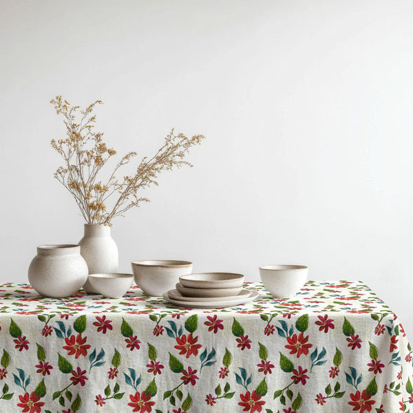 Red-Green Botanical Floral Tablecloth: Watercolor Garden Print, Cotton-Linen Blend
