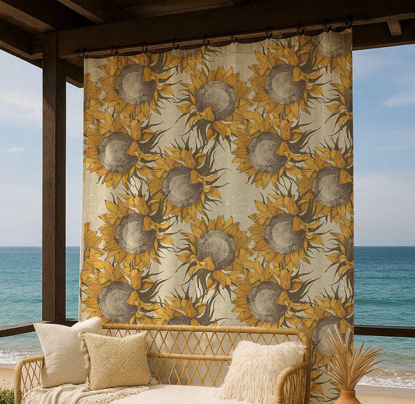 Sunflower Linen Curtain – Vintage Yellow Floral Pattern Linen Drape