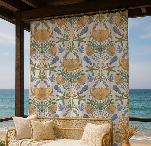 Coastal Seashell Linen Curtain – Vintage Yellow Floral Pattern Linen Drape