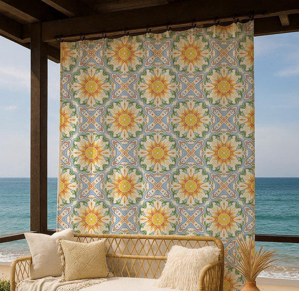 Sunburst Tile Linen Curtain – Mediterranean Linen Drape