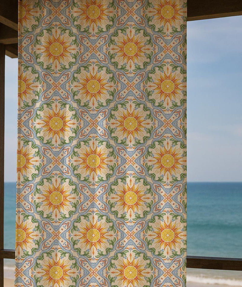 Sunburst Tile Linen Curtain – Mediterranean Linen Drape