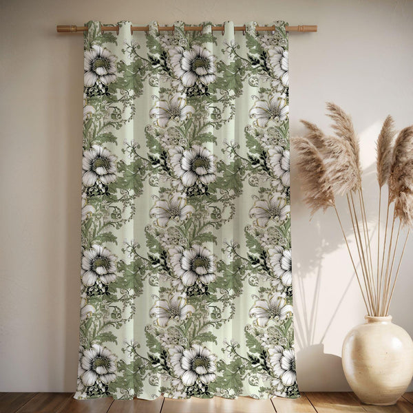 Vintage-Floral Linen Curtain – Sage Green White Linen Drape