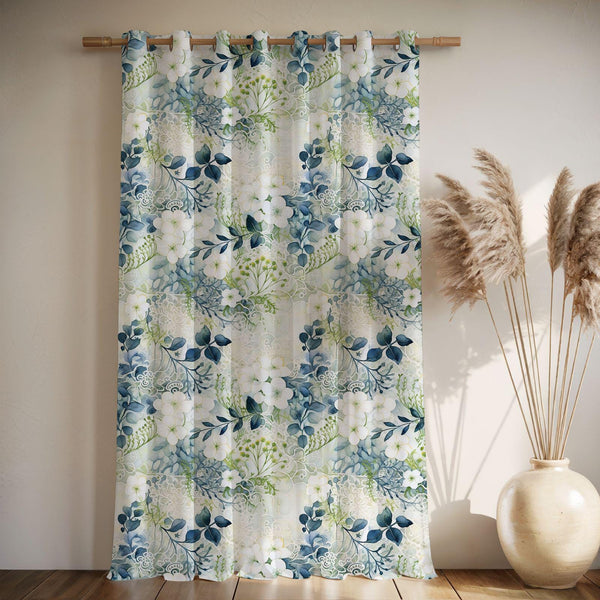 Soft Floral Linen Curtain – Blue Green White Linen Drape