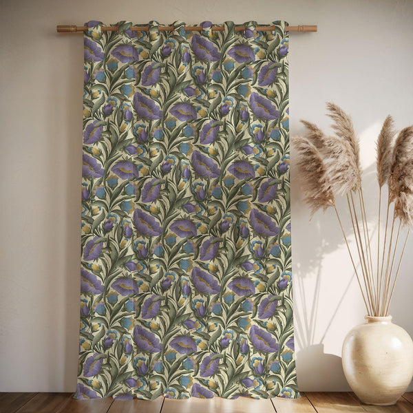 Vintage Botanical Linen Curtain – Floral Print Purple Blue Green Linen Drape