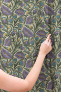 Vintage Botanical Linen Curtain – Floral Print Purple Blue Green Linen Drape - Image 3
