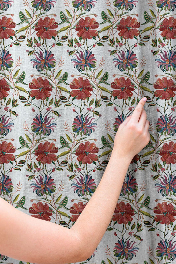 Bohemian Folk Art Linen Curtain – Colorful Botanical Floral Linen Drape
