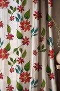 Minimal Botanical Linen Curtain – Hand Painted Red Flowers Green Leaves Linen Drape - Image 1
