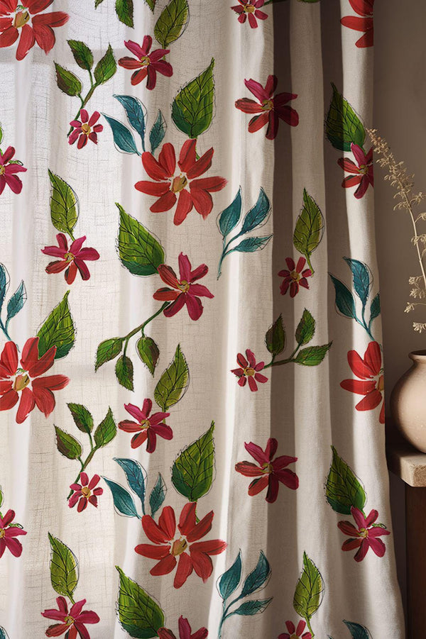 Minimal Botanical Linen Curtain – Hand Painted Red Flowers Green Leaves Linen Drape