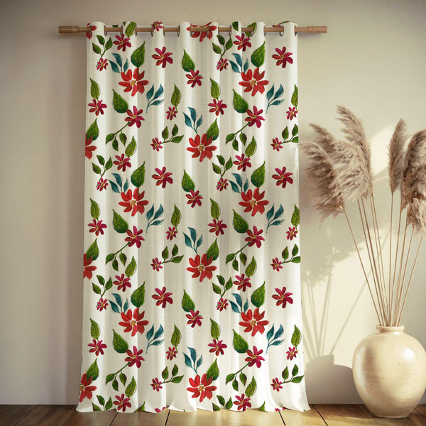 Minimal Botanical Linen Curtain – Hand Painted Red Flowers Green Leaves Linen Drape