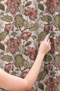 Ornamental Botanical Linen Curtain – Vintage Folk Floral Pattern Green Pink Linen Drape - Image 2