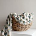 Peacock Feather Motif Linen Curtain – Teal Blue and Gold Linen Drape - Image 3