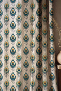 Peacock Feather Motif Linen Curtain – Teal Blue and Gold Linen Drape - Image 1