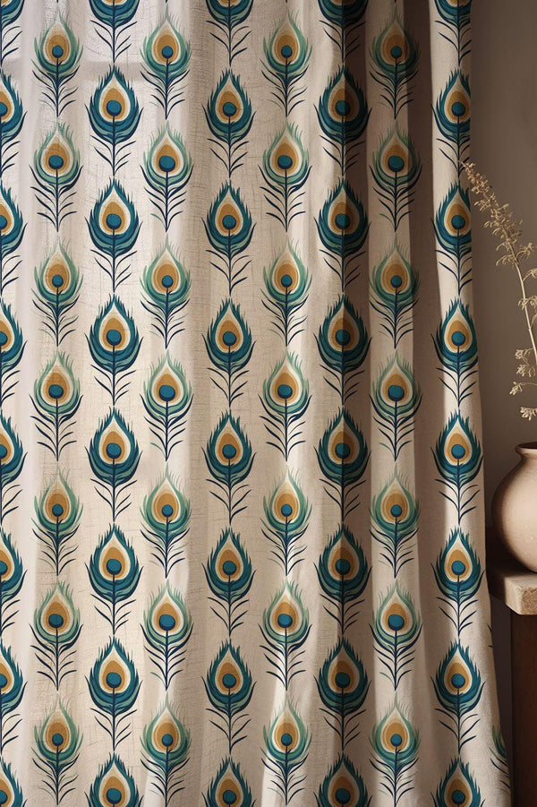 Peacock Feather Motif Linen Curtain – Teal Blue and Gold Linen Drape
