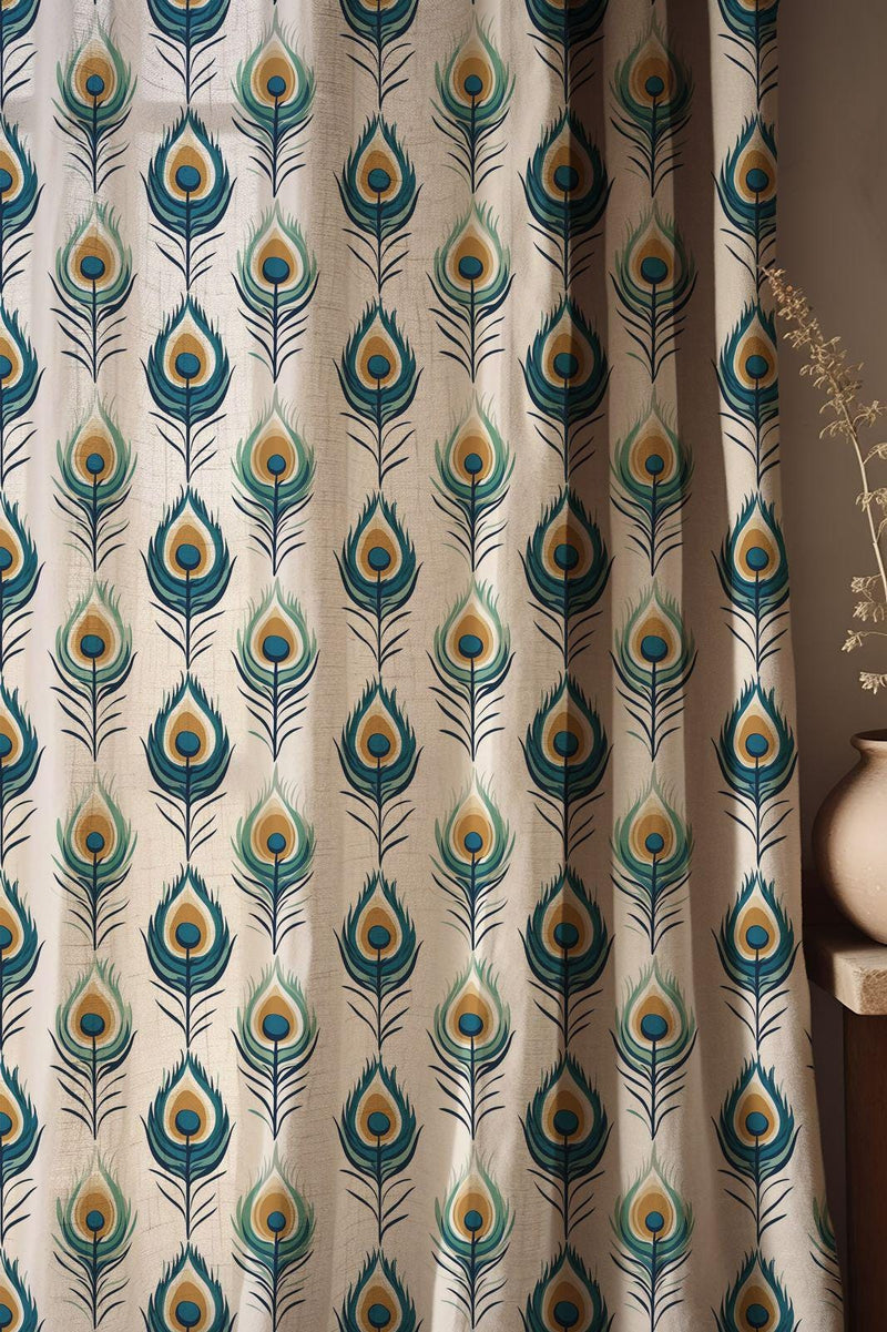 Peacock Feather Motif Linen Curtain – Teal Blue and Gold Linen Drape