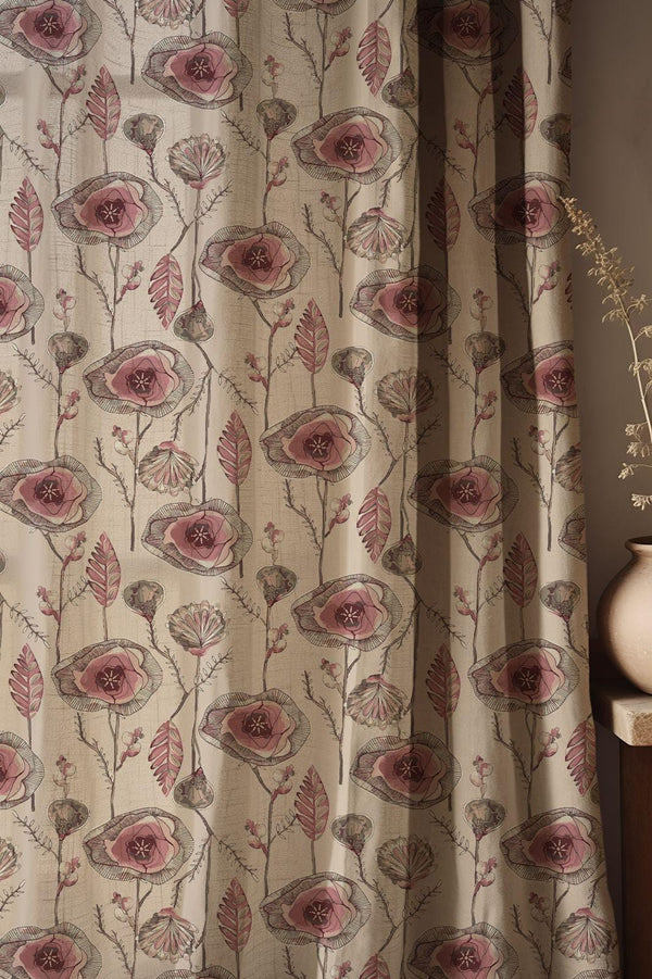 Botanical Floral Motif Linen Curtain – Vintage Style Print Dusty Pink and Soft Earth Tones Linen Drape