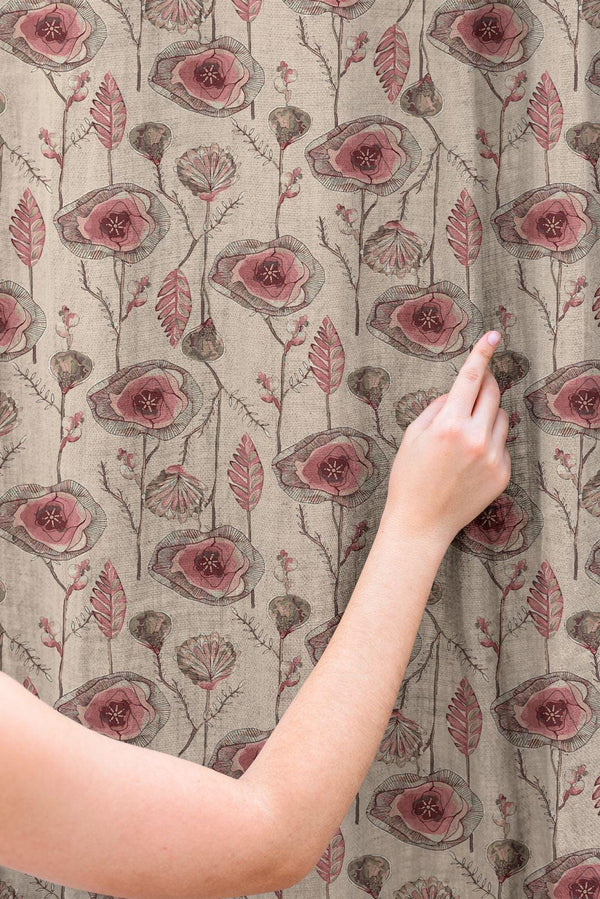 Botanical Floral Motif Linen Curtain – Vintage Style Print Dusty Pink and Soft Earth Tones Linen Drape