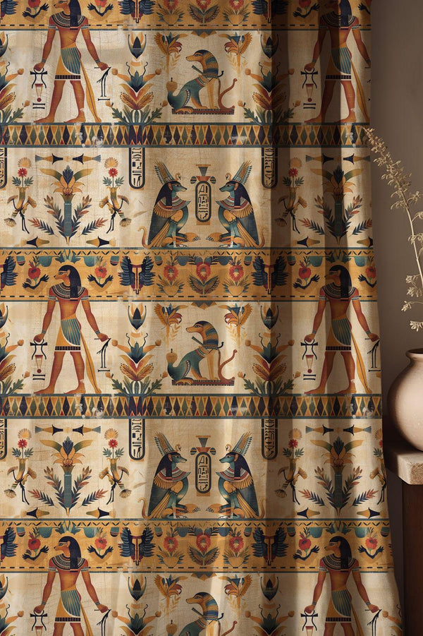 Ancient Egyptian Motif Linen Curtain – Hieroglyphic Print Linen Drape