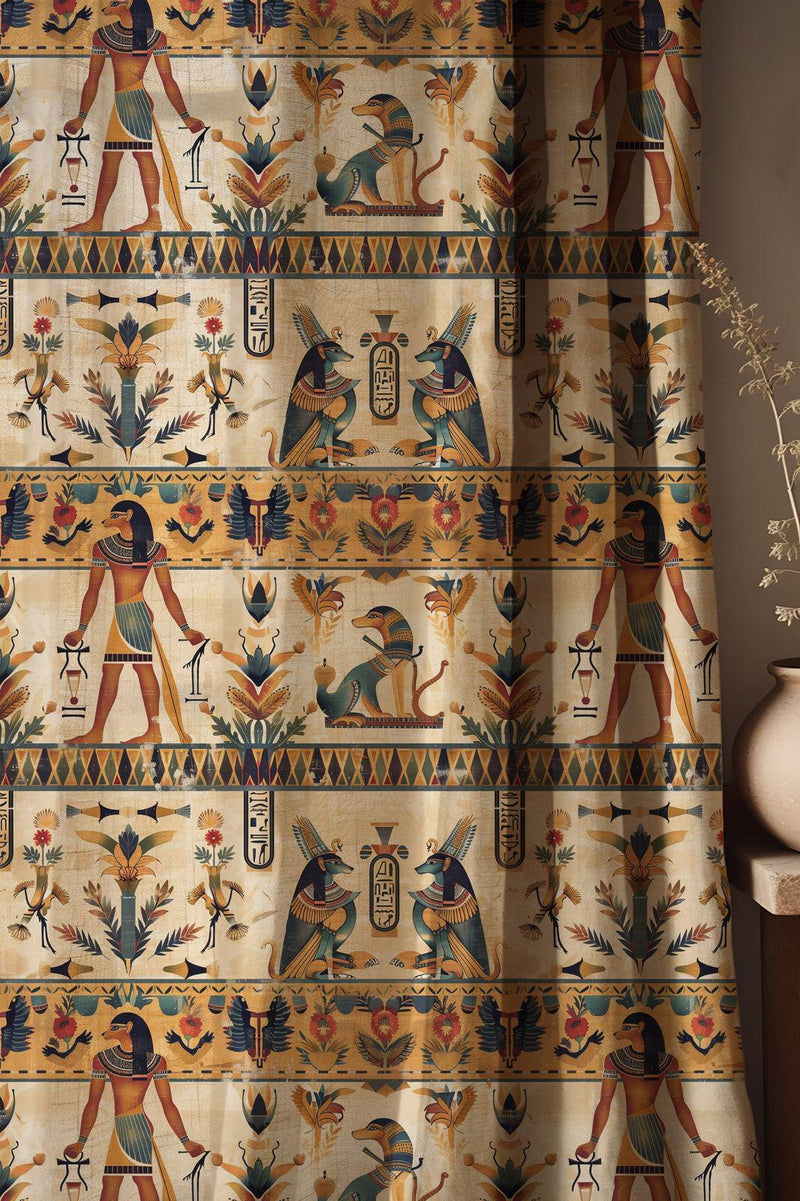 Ancient Egyptian Motif Linen Curtain – Hieroglyphic Print Linen Drape