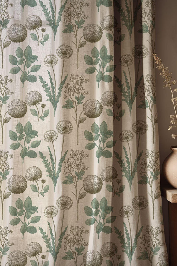 Botanical Linen Curtain - Vintage Wildflower & Seed Head Illustration Pattern in Sage Green Linen Drape